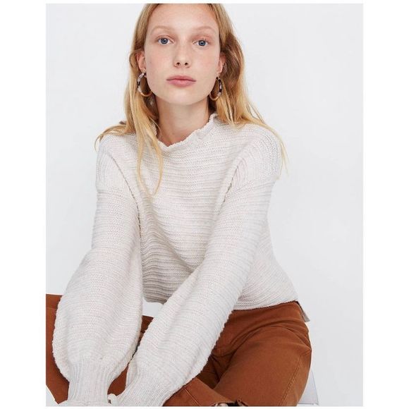 Madewell Ruffle-Neck Pullover Sweater in Cotton-Merino Yarn Cream Size Medium - Picture 1 of 13